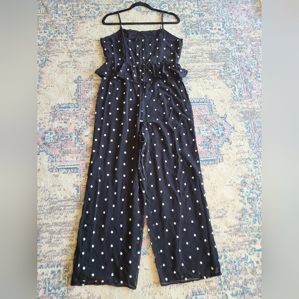Anthropologie Rosie Black White Floral Embroidery Peplum Jumpsuit Size M Boho - Picture 6 of 14